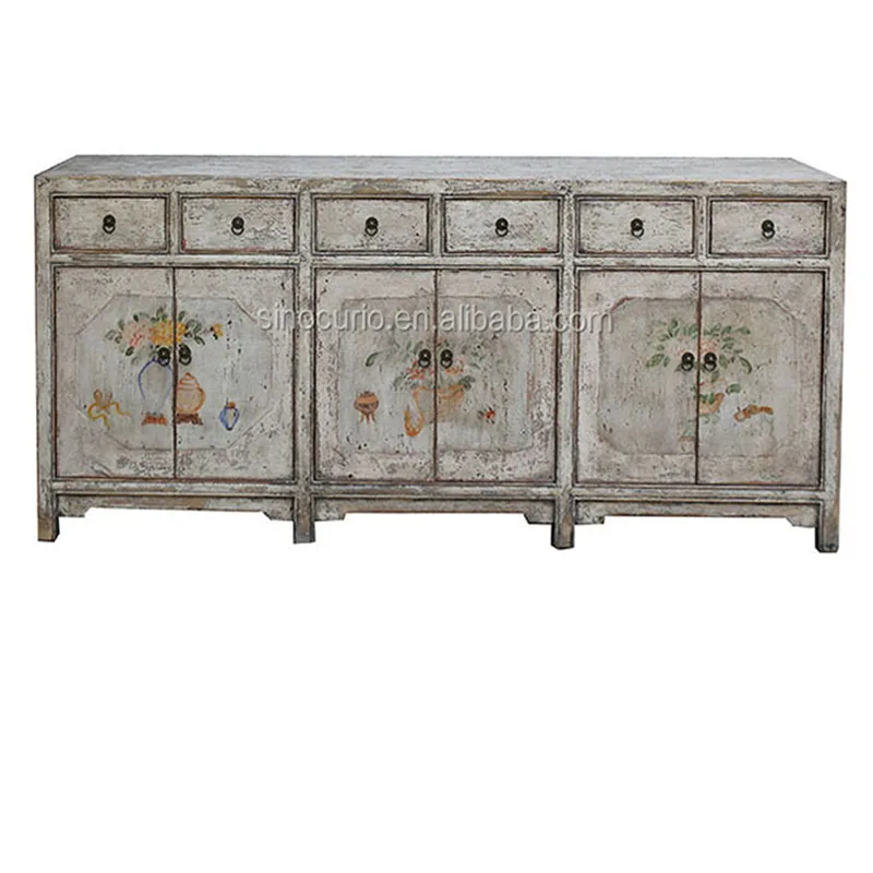 Oriental antique reproduction long rustic distressed hand painted dresser sideboard