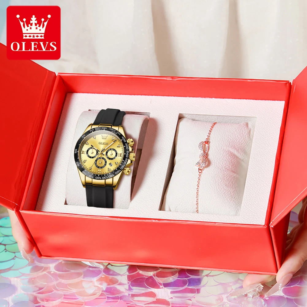 OLEVS 5618 Women Watch Luxury Silicone Strap Multifunctional Chronograph Quartz Watch Waterproof Ladies Watch Bracelet Set Gifts