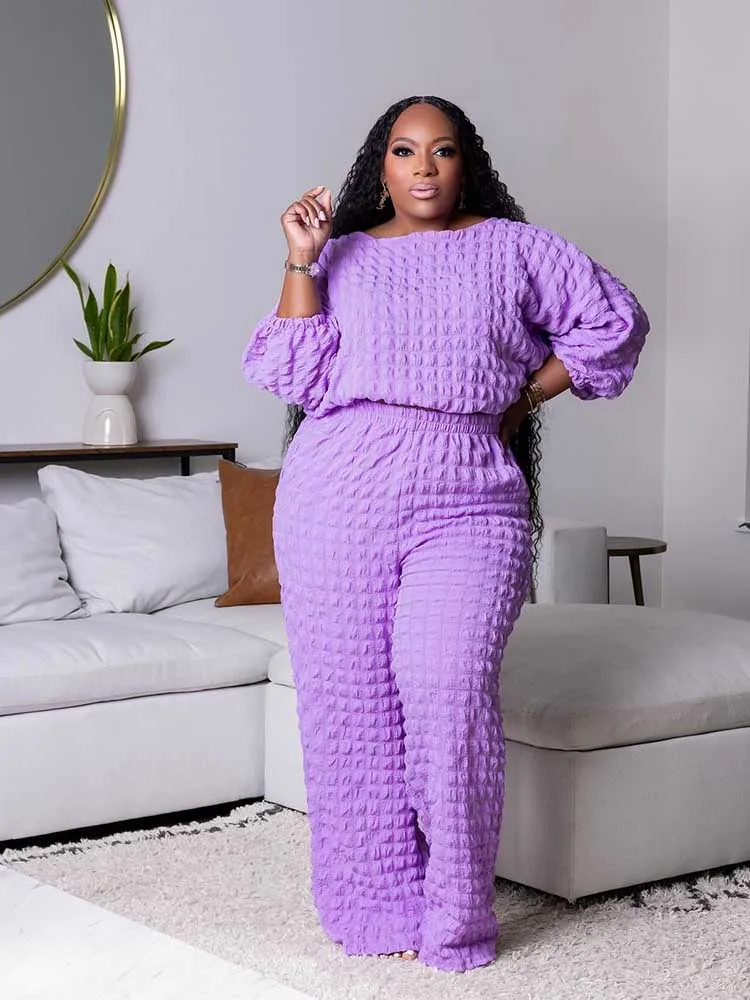 Curvy Plus Size Woman Clothing Fall Winter Long Sleeve 2 Piece Outfit Set Bubble Waffle Pleated Top and Pants Sets Elegant Suit