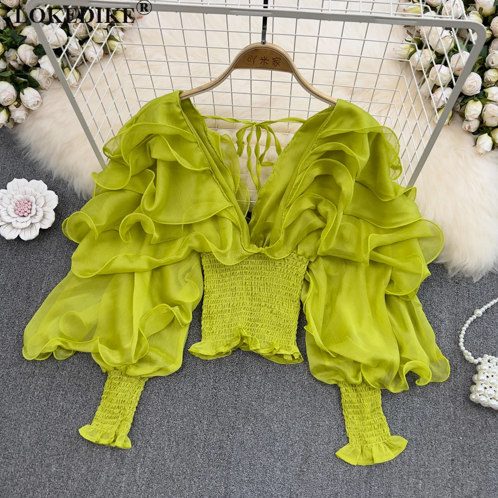 

Vintage Women Chiffon Shirts Sexy Deep V-neck Backless Ruffles Lantern Sleeve Short Tops Spring Autumn Female Blouse