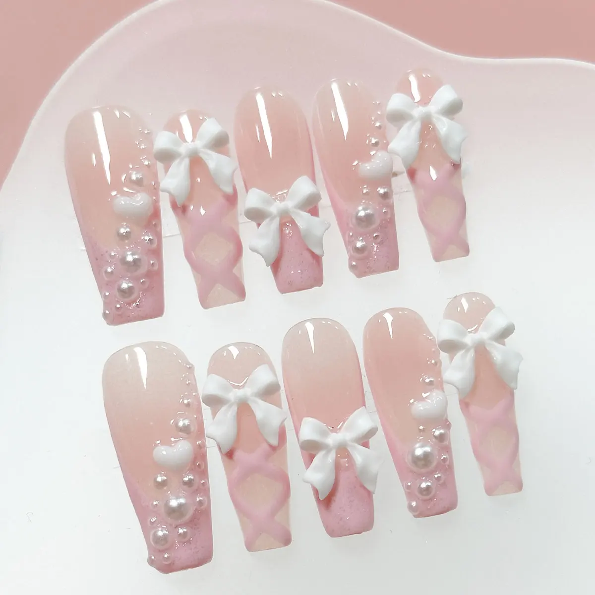 10pcs Handmade Press on Nails Long Coffin-Shaped Nails,Y2K Nails，Romantic Pink French Ballet Pearl Bow Fake Nails