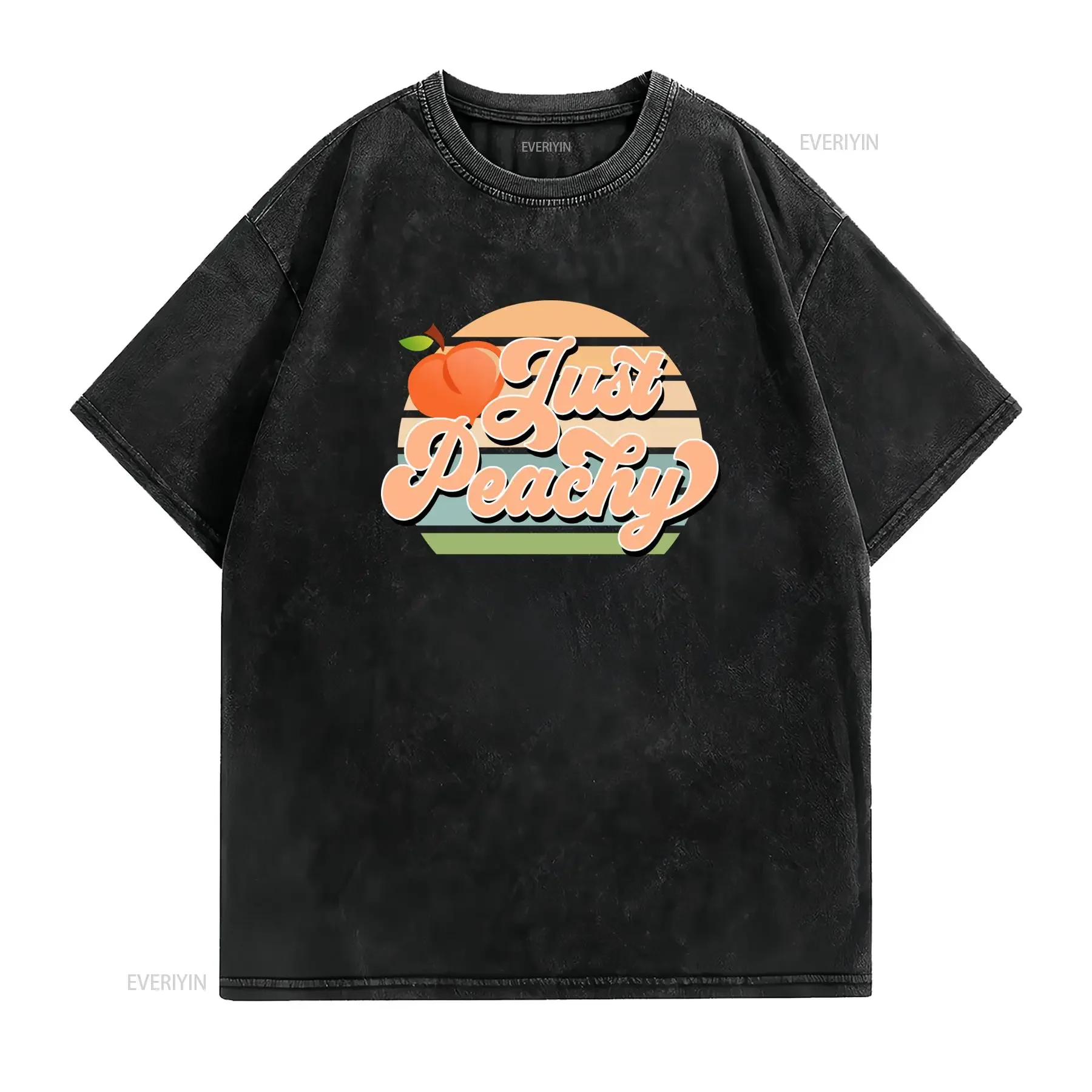 Vintage Retro Just Peachy Slogan Peach Sunset Striped Print Casual T Shirt vintage Washed Versatile fashion designer clothes