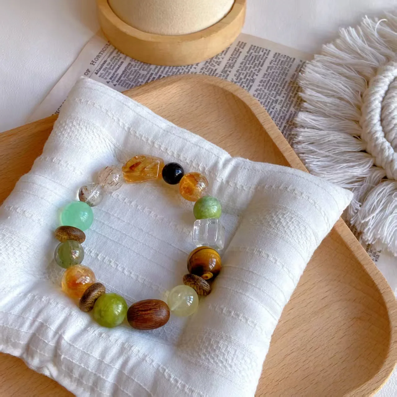 Chinese Style Lucky Wealth Blessing Natural Green Phantom Green Fluorite Xiuyan Jade Tiger Eye Crystal Beaded Bracelet For Women