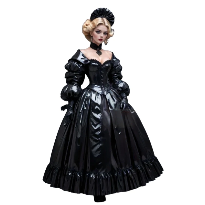 ชุดราตรีสีดำสไตล์โกธิค ผ้าพลีทเงา ทรงบอลกาวน์ ความยาวระดับข้อเท้า แขนยาวพอง สไตล์เรโทร สำหรับคอสเพลย์ งานแฟนซี  สามารถสั่งตัดได้