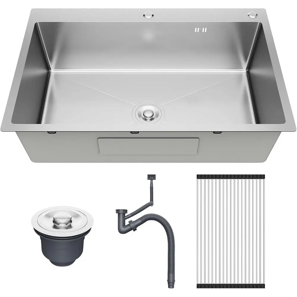 

33x22 Drop In 18 Gauge Stainless Steel Nano Single Bowl Kitchen Sink 10 Inch Deep Basin Complete Drain Assembly
