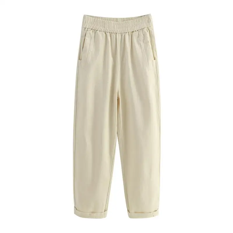 2024 Temperament Summer Casual Women's Fashion Versatile Solid Color Pockets Elastic High Waist Loose Straight Harun Crop Pants
