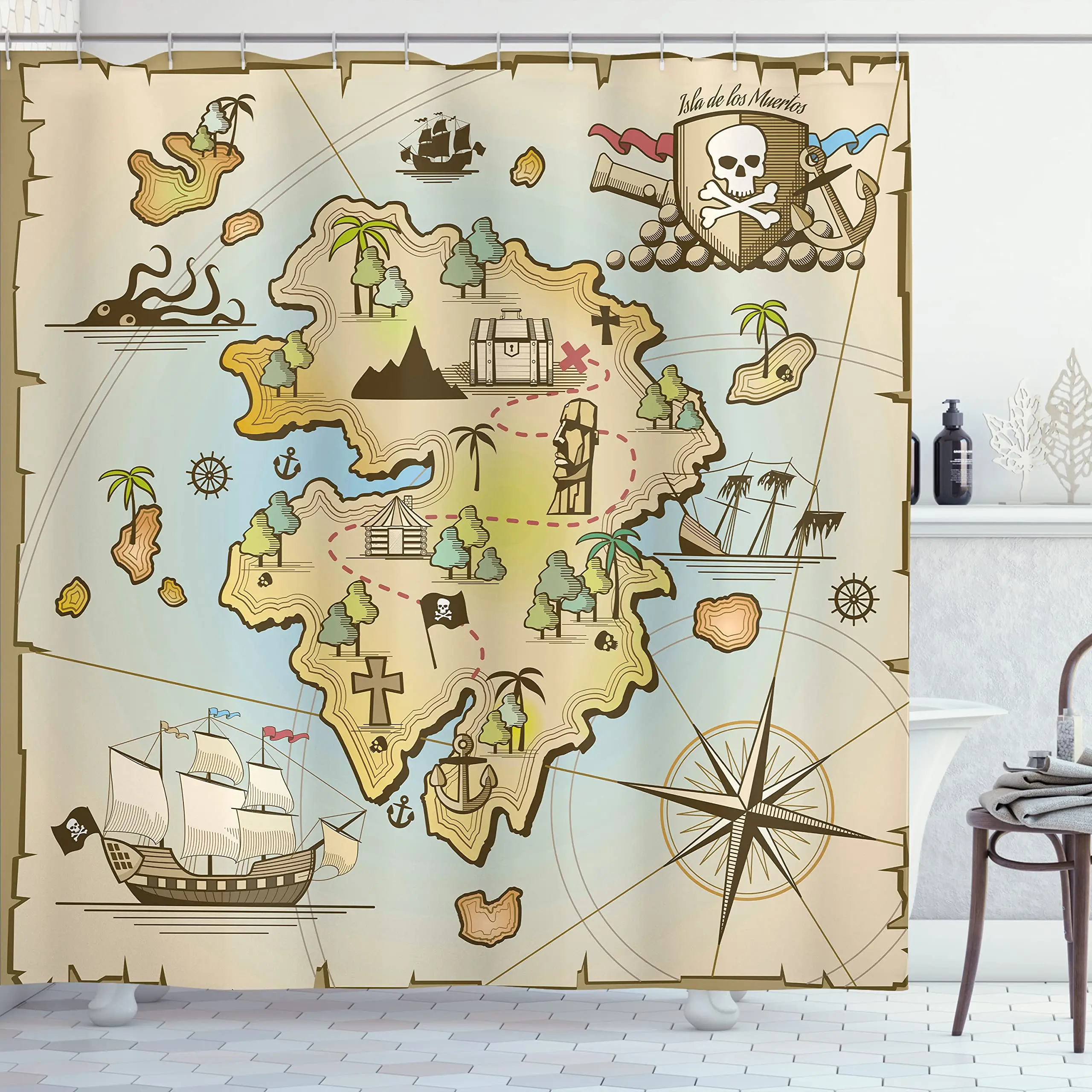 Nautical Island Map Shower Curtains,Vintage Old Map Pirate Ship Decor Polyester Ocean Ancient Pirate Treasure Map Shower Curtain