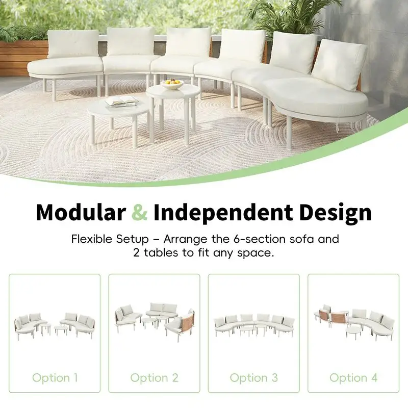 8-Piece Outdoor Sectional Sofa Set, Half Moon Design with 2 Adjustable Coffee Tables, PE Wicker Rattan, Tempered Glass,