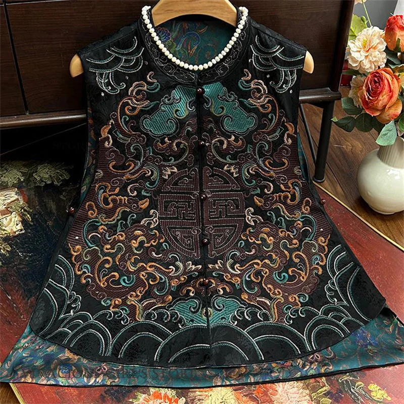 

Oversize 3XL-5XL Female Qipao Vest Tops Vintage Jacquard Embroidery Tang Clothes Coat Jacket New Chinese Style Waistcoat Outwear