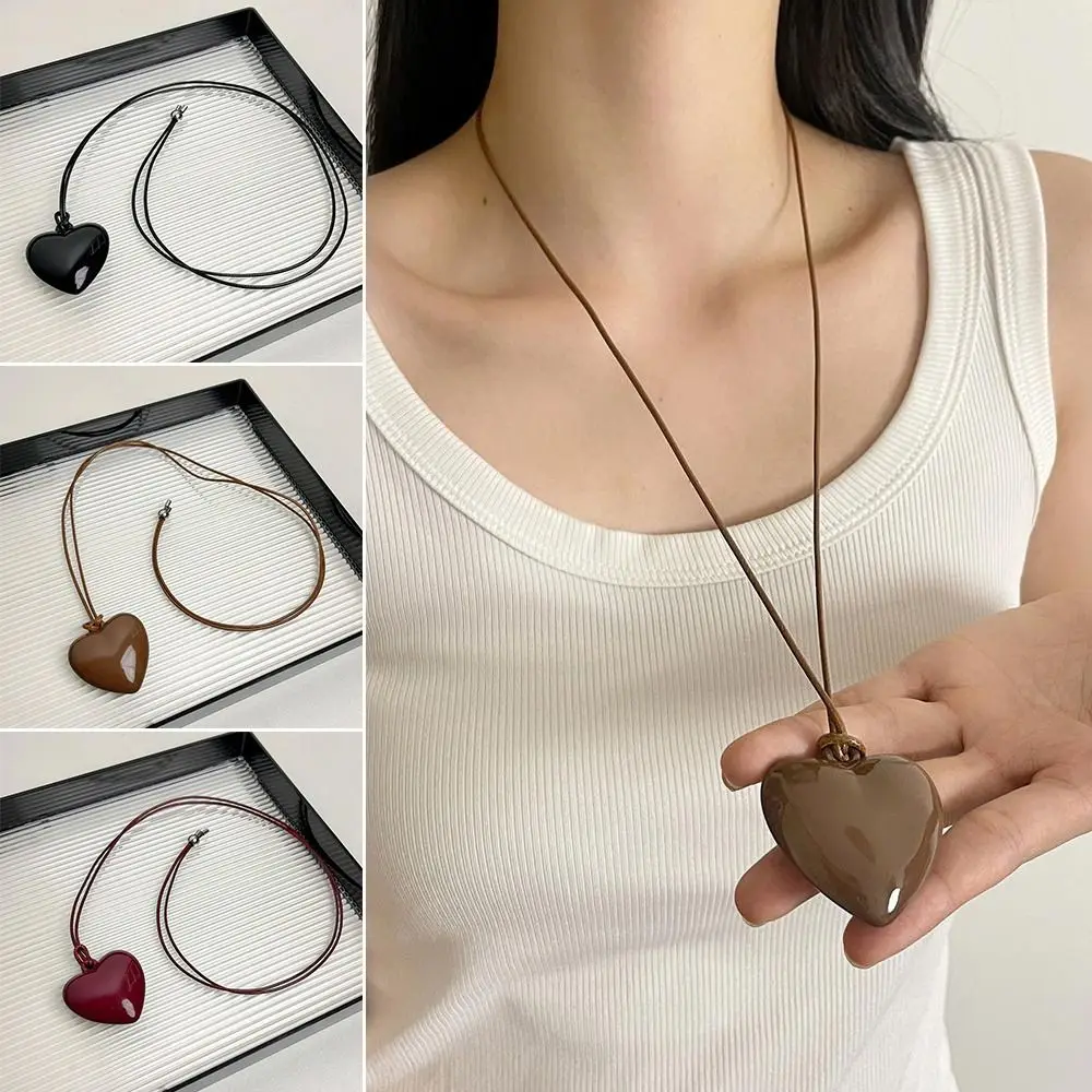 New Alloy Heart Necklace Black Color Adjustable Chain Long Chain Necklace Leather cord Pull-out Necklace Jewelry Accessories