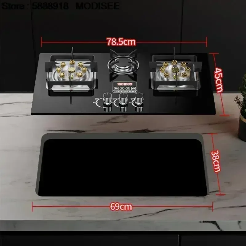 Household three-eyed gas stove for liquefied gas or embedded natural gas. With fierce fire function. Suitable for table kitchen.