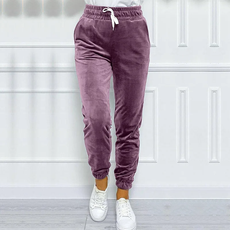 Solid Drawstring Velvet Jogger Pants Versatile Comfy Pants For Fall & Winter Women\'s Clothing