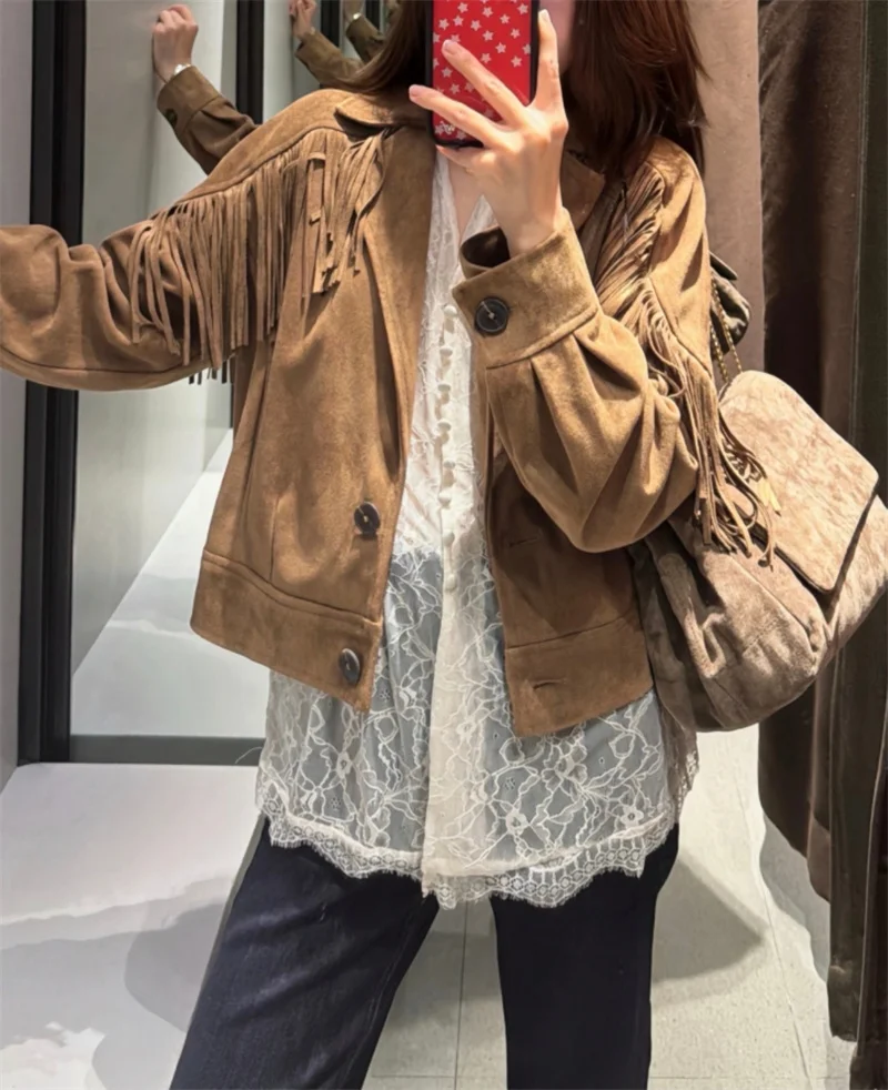 Guobioziy Women's Jacket 2026 Fall/Winter New Fashion High-End Suede-Like Long Sleeve Lapel Fringe Jacket Short Coat