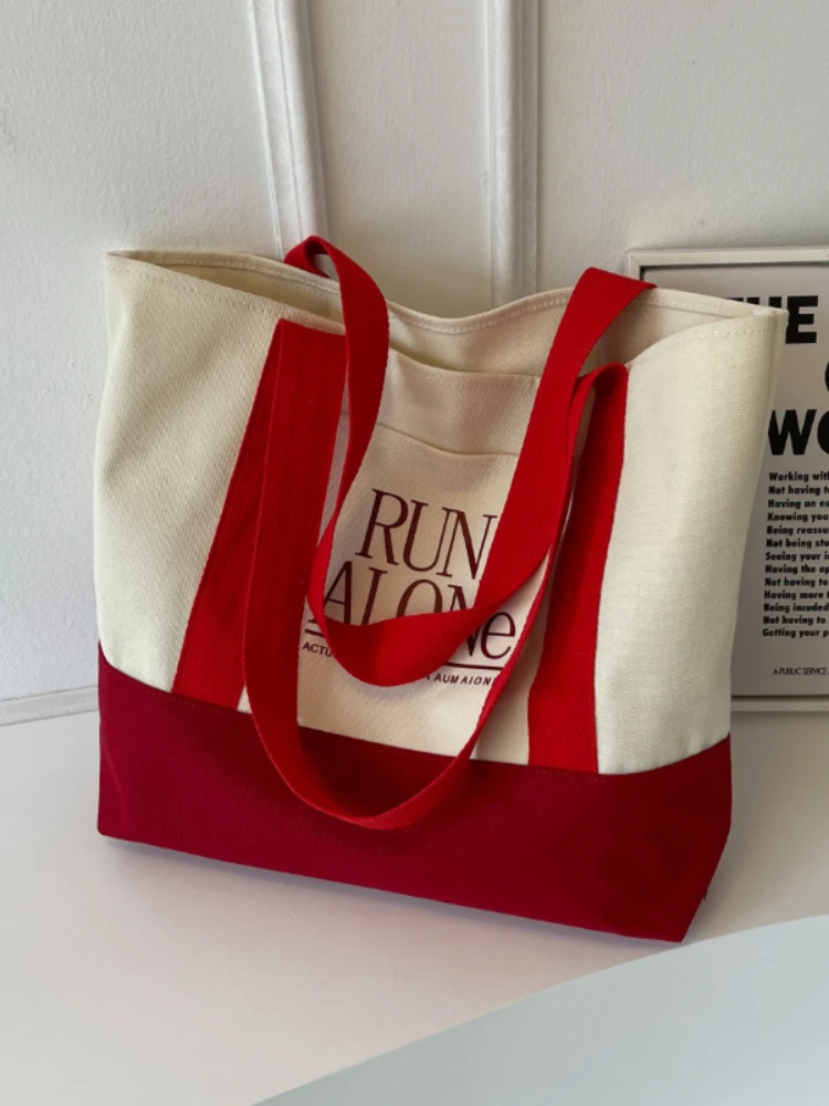 Bolsos de lona informales coreanos para mujer, bolso de hombro con estampado de letras de gran capacidad, bolso de libros para estudiantes, bolso de