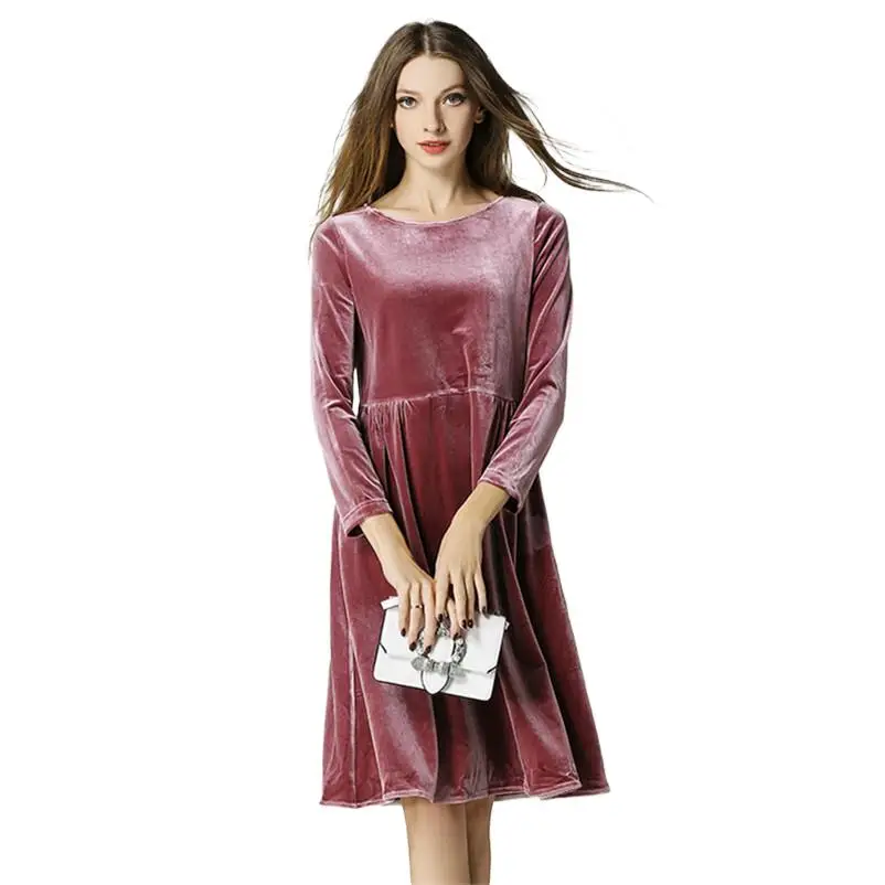 New 2024 Wome Spring Autumn Solid Velvet Midi Dress Elegant Casual Long Sleeve Vintage Dress With Pocket Party Vestidos Robe