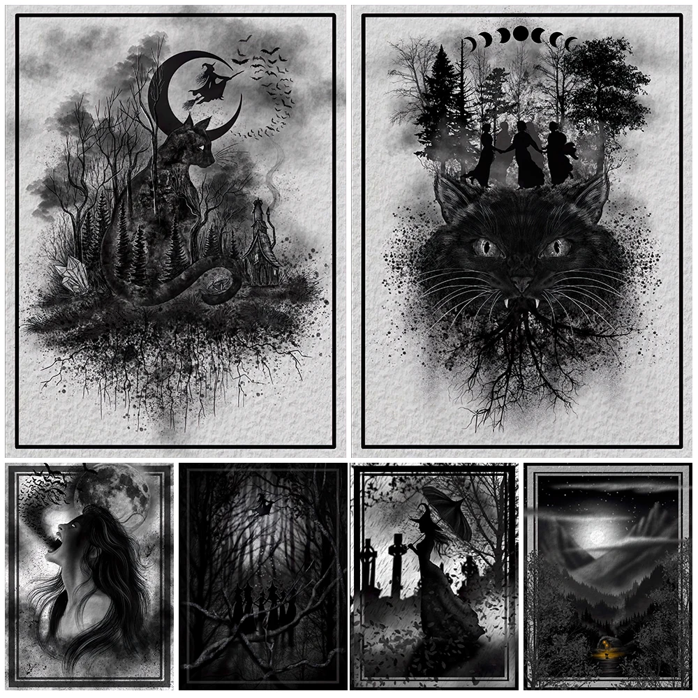 Witch Sabbath Black And White Abstract Art Poster And Print Dark Witch And Vampire Gothic Wicca Wall Art Canvas Print Home Decor