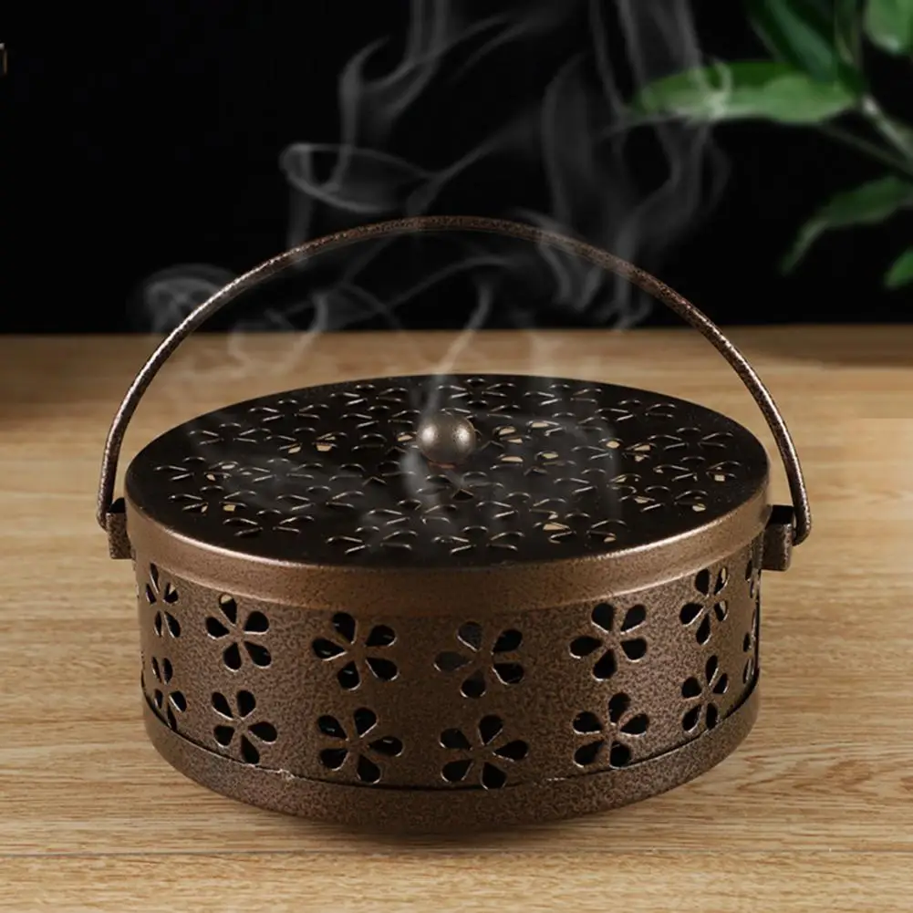 Incense Coil Container Portable Metal Incense Coil Holder with Lid Handle Heavy Duty Hollow Spiral Burner Desktop for Repellent