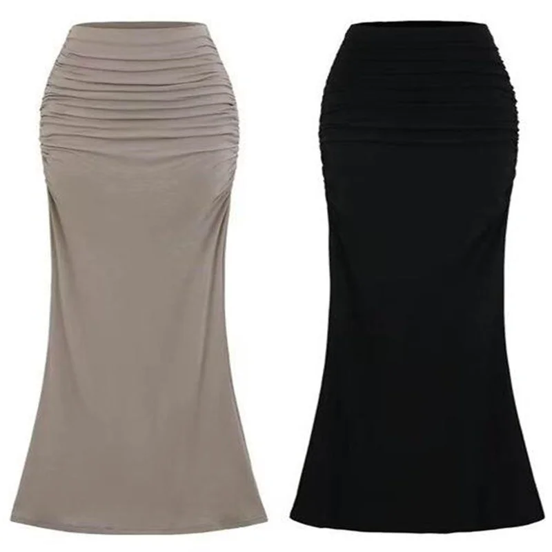 High Waist Slim Fit Fish Tail Half Skirt Women's Spring Autumn Pure Color Elastic Sexy Bodycon Pleated Long Skirt Casual Style