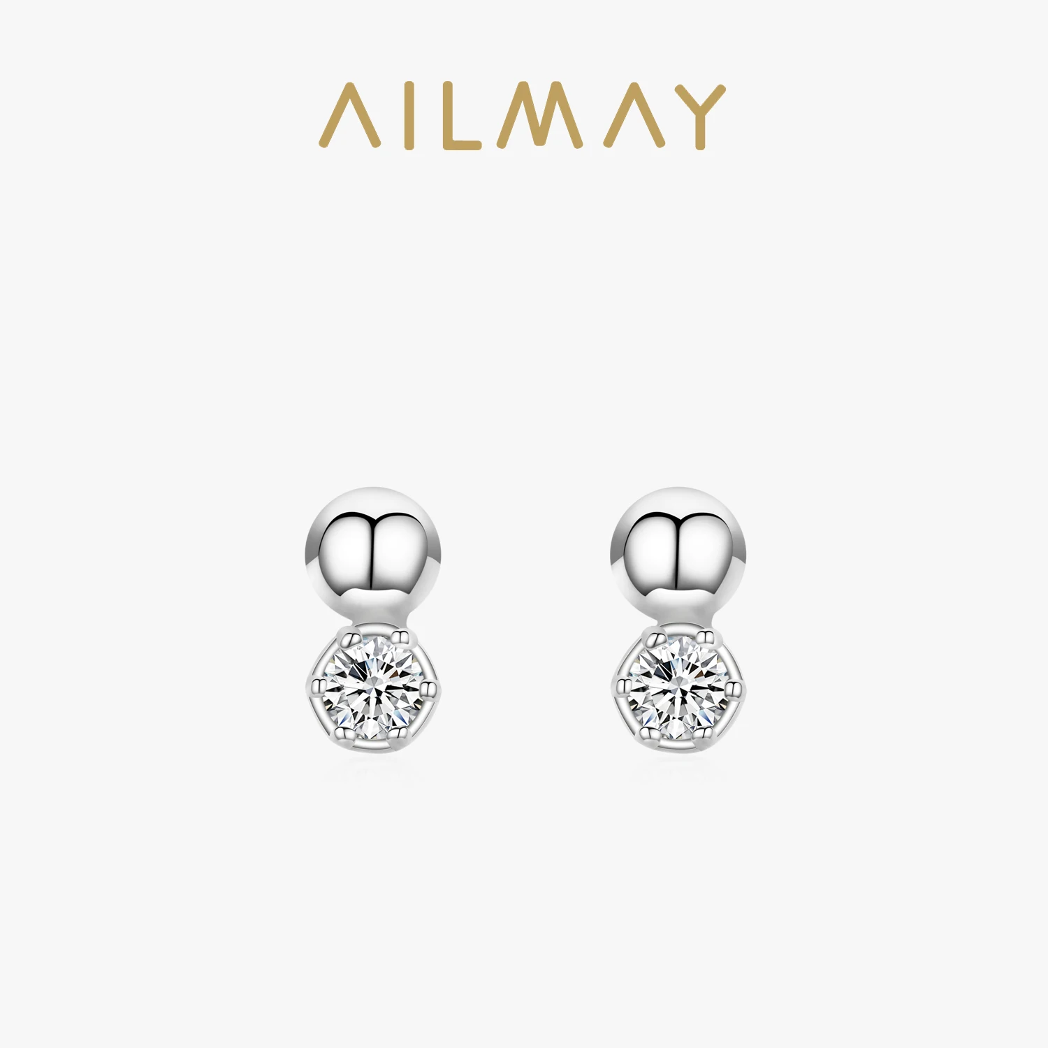 Ailmay Authentic 925 Sterling Silver Simple Round Clear Zircon Bubbles Earrings For Fine Female Fashion Anti-allergy Jewelry