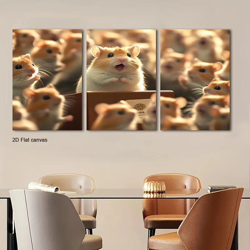 Frameless canvas 3pcs Hamster Giving A Speech Wall Art  & Ready To Hang - Cute Hamsters Public Speaking Theme, Flat Canvas Pr