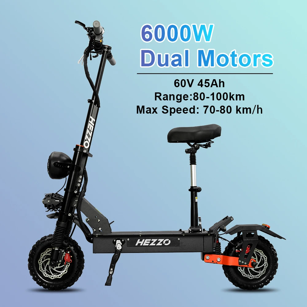 HEZZO F7 E- Scooter 5600W Dual Motor 60V 45Ah Battery 11 Inch Off-Road Fat Tire Foldable Off-Road Electric Scooter for Adults