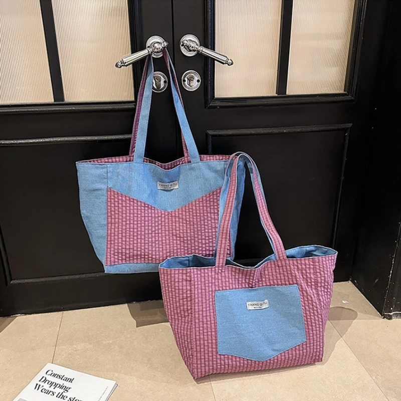 

Korean Contrast Color Double-Sided Shoulder Bags for Women Versatile Patchwork Ladies Handbags Large Capacity College Girls Tote