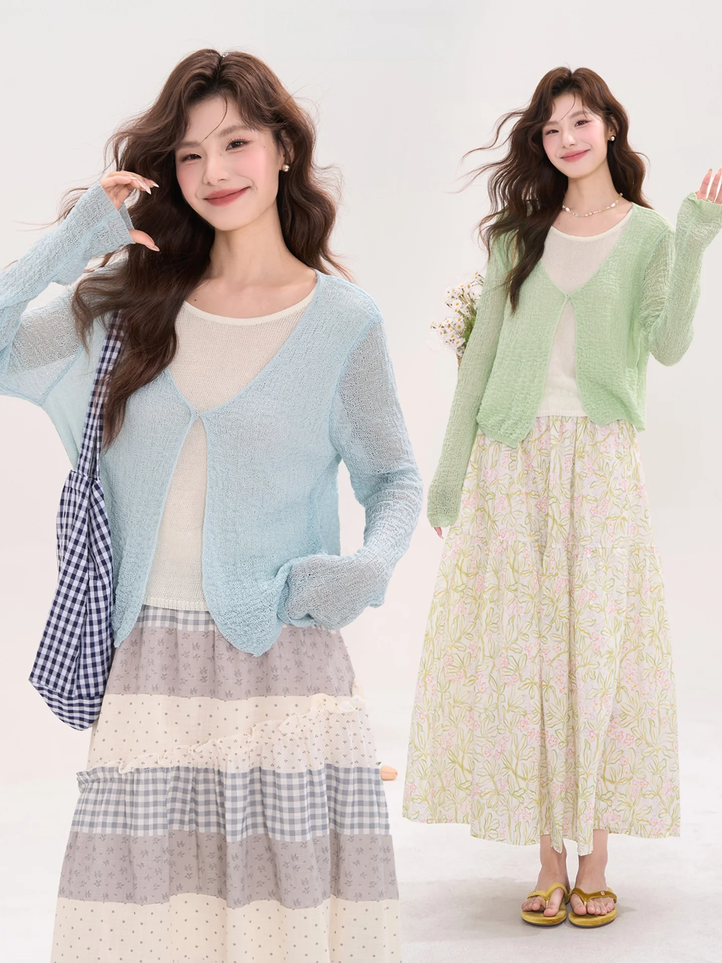 

Heme Knitted Open Cardigan Top Splicing Elegant Atmosphere Fake Two-Piece Women's Spring Long Sleeve Regular Length Button Cl...