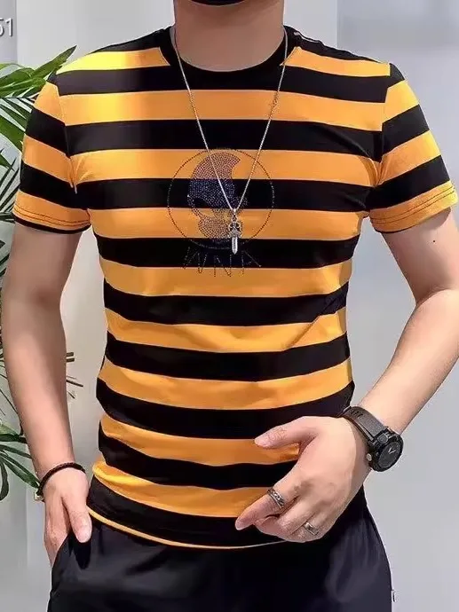 

Мужская футболка из ледяного шелка и хлопка с круглым вырезом, декорированная стразами в виде скелета, летняя одежда свободного кроя