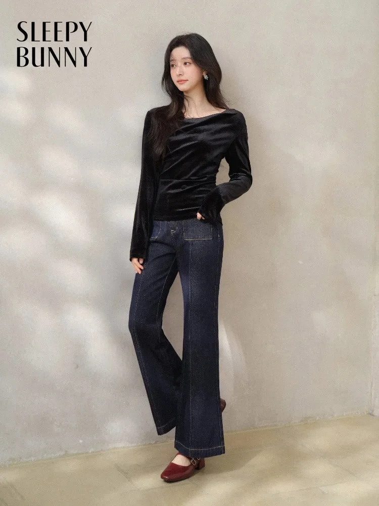 Women Casual Commuter Flare Jeans Spring Retro Washed Contrast Stitch Denim Lady High Waist Slim Cropped Pants Everyday Outfits