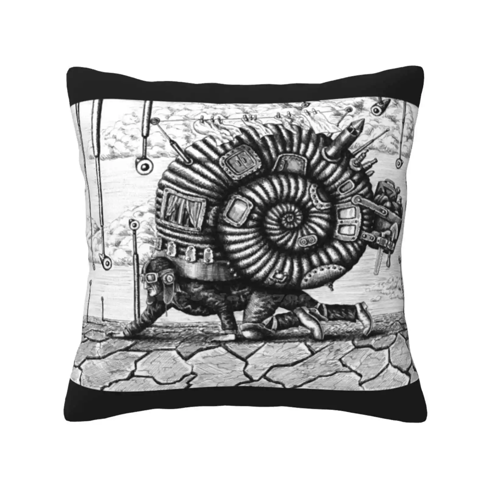 Life In The Shell Surreal Ink Pen Drawing Pillow Cover Hug Pillowcase Life In The Shell Ink Pen Snail Desert Conceptual