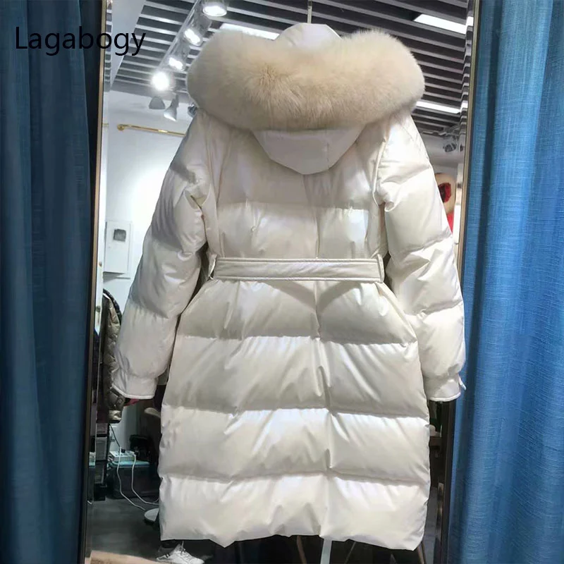 

Fur 2023 Women Big Winter Real Fox Glossy Leather Parkas 90% White Duck Down Coat Female Hooded Warm Waterproof Jacket