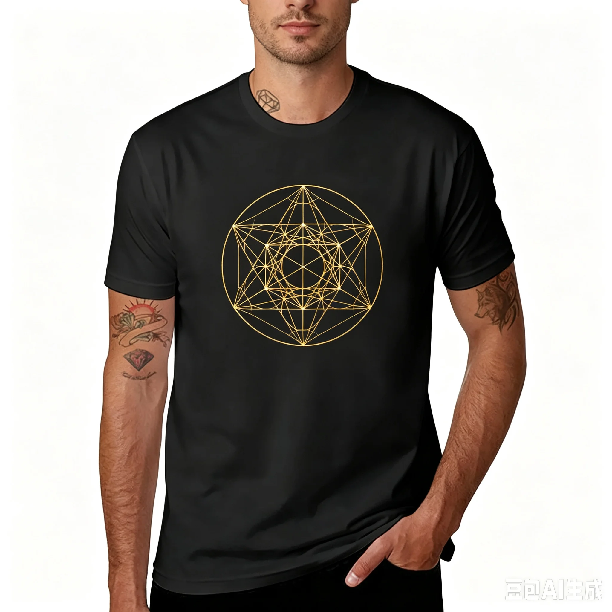 Cotton 100% Men Sacred Geometry Metatron Cube Graphic T‑Shirt Gold Geometric Print Short Sleeve Casual Streetwear Tee Tops