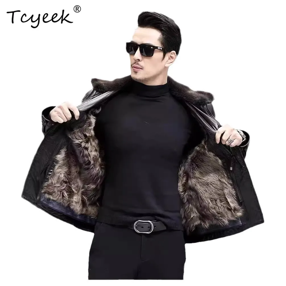 

Tcyeek 100% Top Layer Cowhide Real Leather Jacket Men Clothes Mink Collar Autumn Trench Coat Male Warm Wool Liner Trendy Casacos