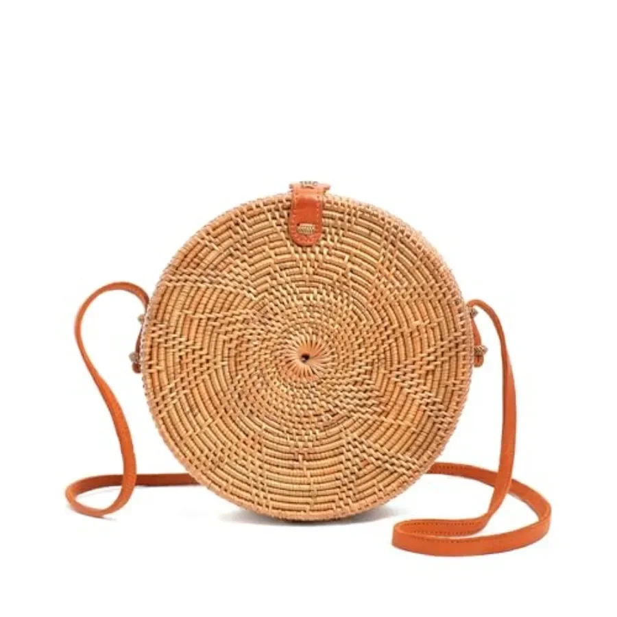 

Novum Crafts Round Rattan Bag for Women - Handmade Ata Wicker Woven Purse - Circle, Square, Brown Straw Boho Bags Handmade, Ata