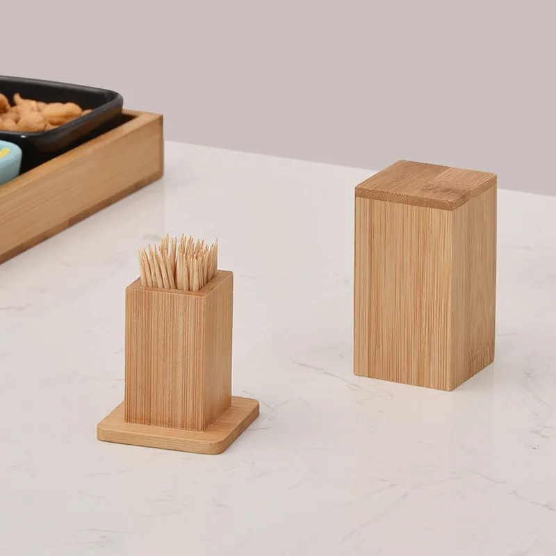 Bamboo Toothpick Box with Lid, Household Wood Holder, Square Tank Holders, Home Table Decoration, 2 Pcs per Lot