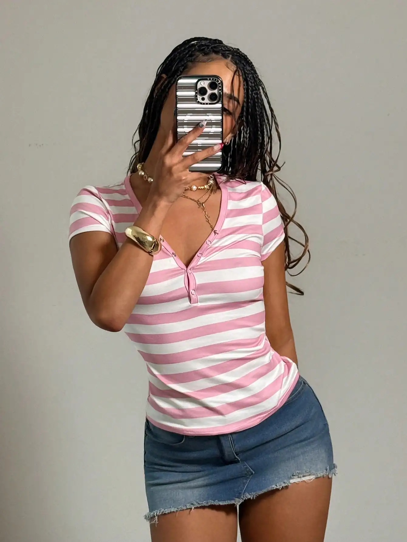 Women's Pink And White Striped V-Neck Short Sleeve Casual Versatile T-Shirt,Pink Top, Y2k,Spring Break