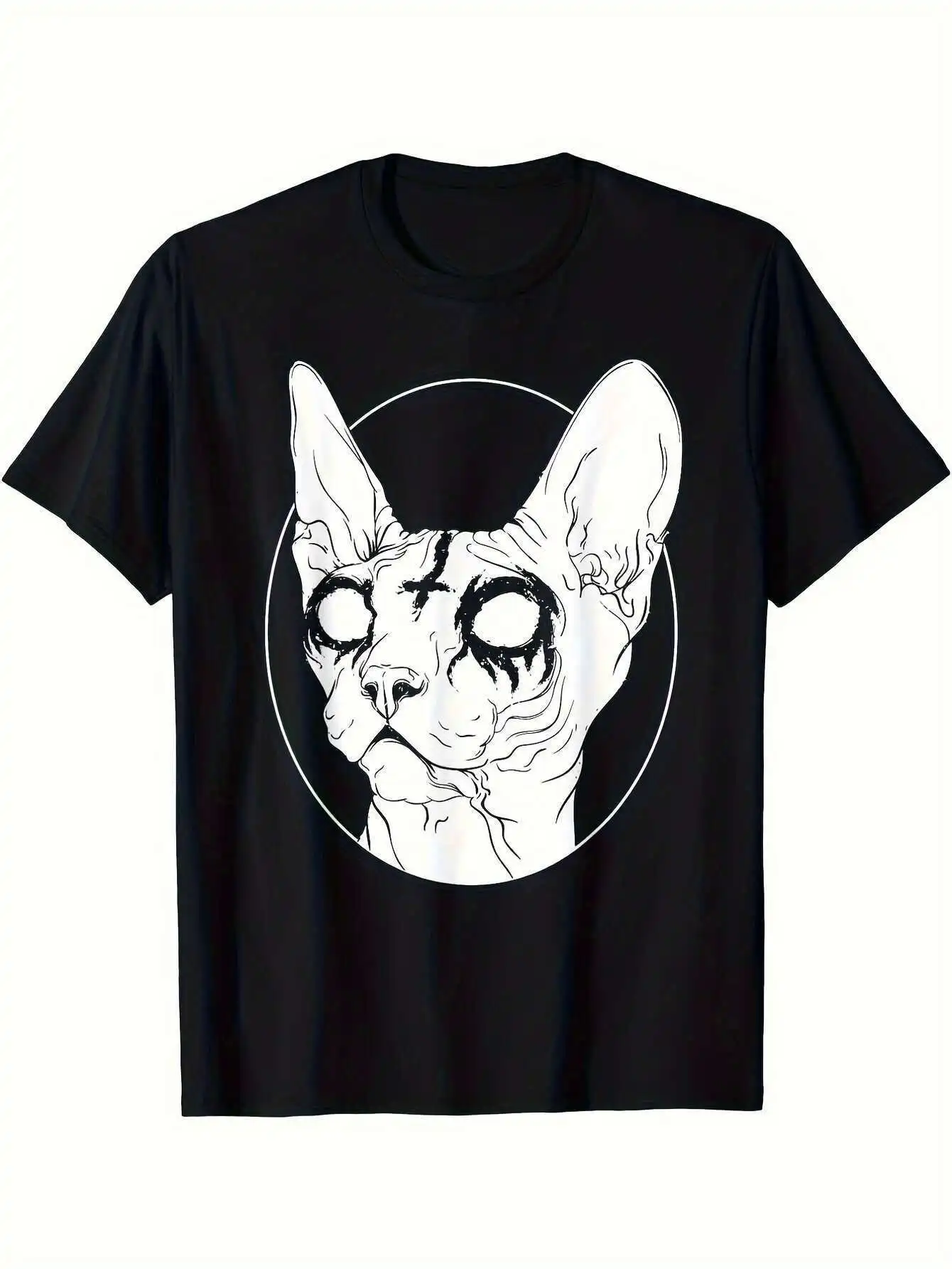 

Gothic Sphynx Cat T-Shirt - 100% Cotton, Asymmetrical Hem, Long Sleeve, Washable Solid Color Top