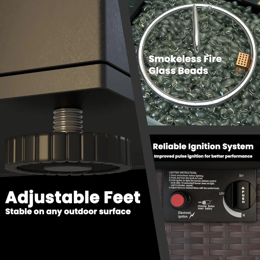 طاولة حفرة النار الخارجية من البروبان، طاولة حفرة النار المربعة من الروطان مقاس 28 بوصة، حفرة نار تعمل بالغاز في الهواء الطلق مع واقي من الرياح الزجاجية، سطح من الزجاج المقسى