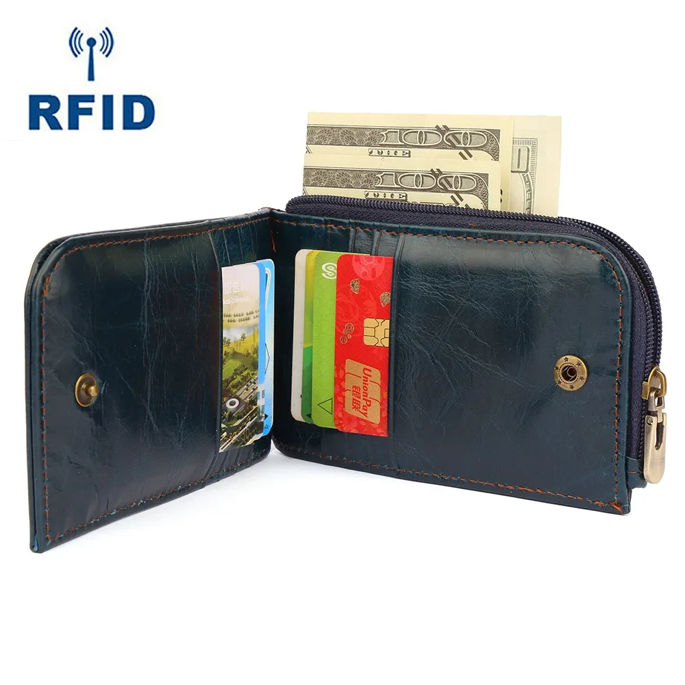 Women's new RFID multi slot zero wallet made of leather, simple folding short card bag, retro top layer cowhide wallet