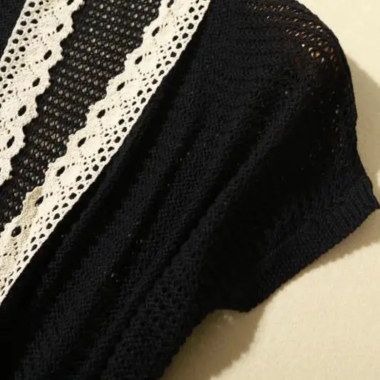 Summer Women's Loose Vintage Knitted ort Sve Hollow out Color Blo Lace Trim Open Cardigan Versatile awl Faionable