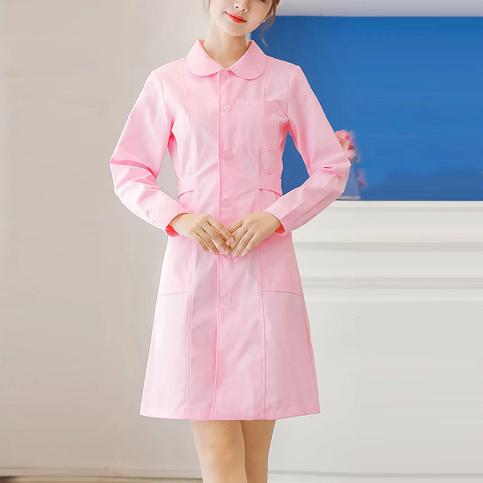 Long Sleeve Nurse Uniform Women's Lab Coat Winter Pharmacy Beauty Salon Intern Work Uniform Set Plus Size Dress Coat