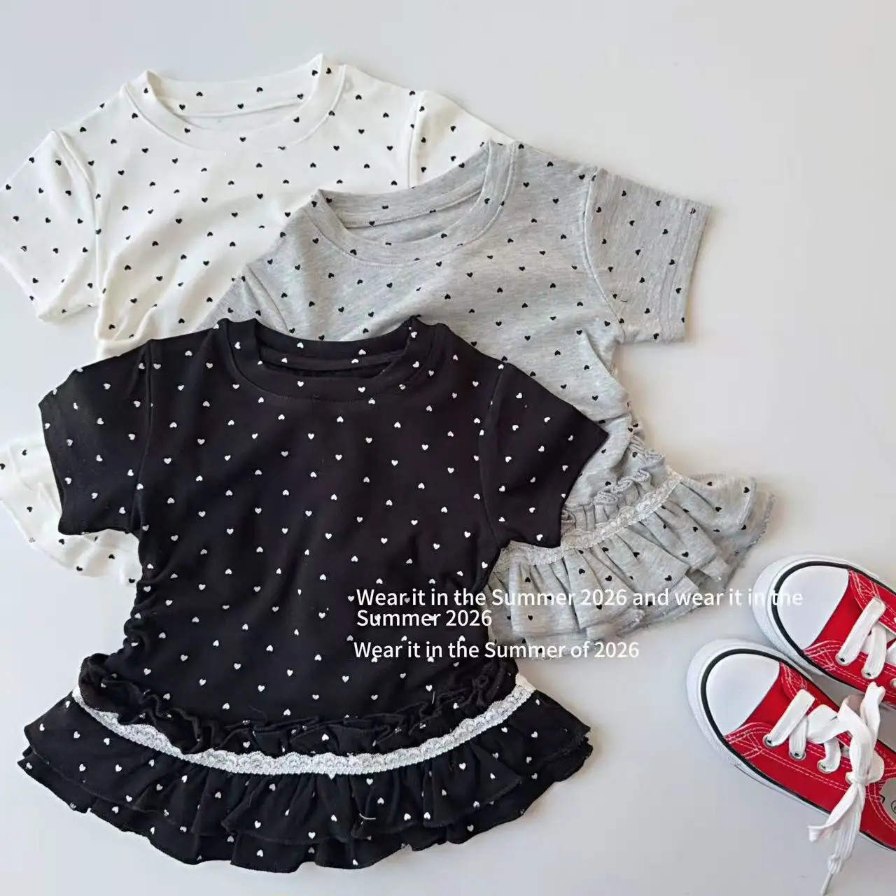 

Girls T-shirt 2026 spring and summer new childrens clothing Korean style girl baby polk-dot print lace hem short-sleeved T-shirt
