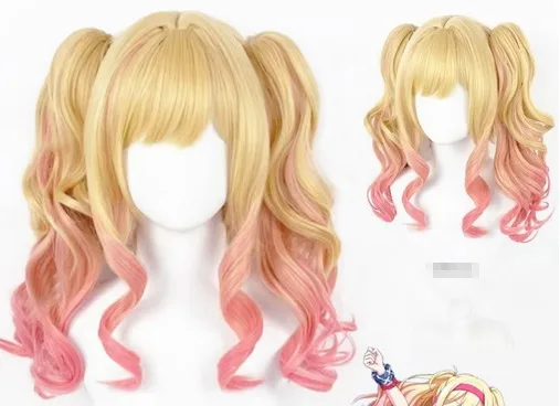 Anime Project  Tenma Saki Cosplay Wig Yellow Pink Heat Resistant Synthetic Hair Anime Wigs + Wig Cap