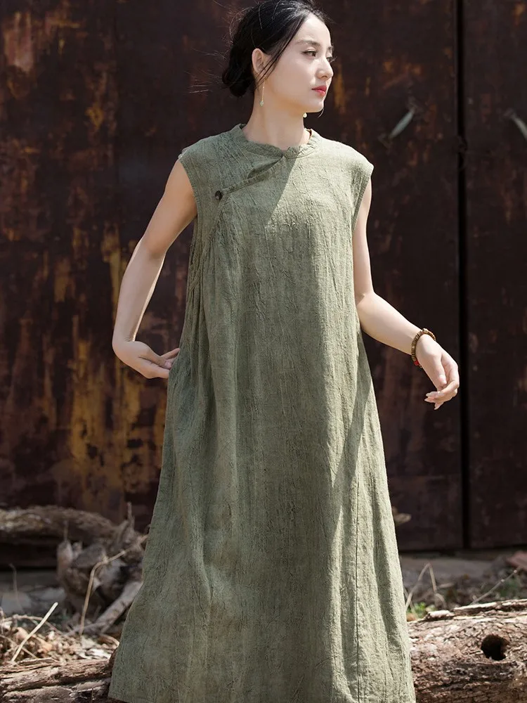 Abito casual in lino di cotone stile cinese donna nuovo arrivo 2025 abiti lunghi a trapezio femminili larghi con colletto alla coreana vintage estivo