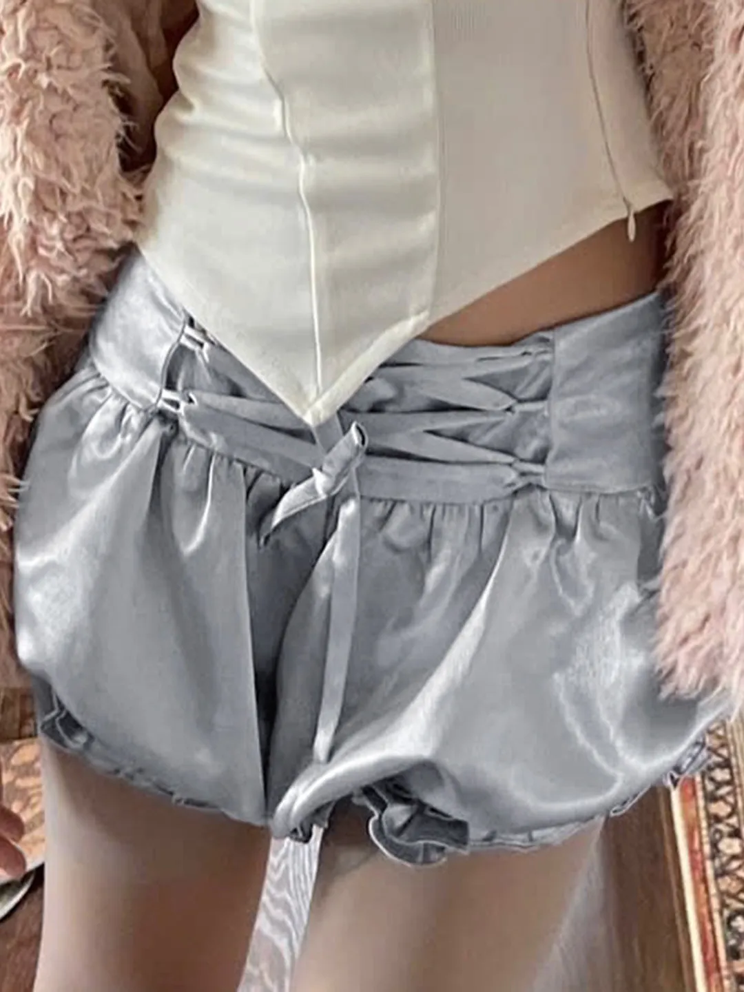 Women Silver Satin Shorts Vintage 2000s Y2k Gyaru Lace Up Micro Shorts Ballet style Hot Pants Shorts Summer Shoujo Clothes 2026