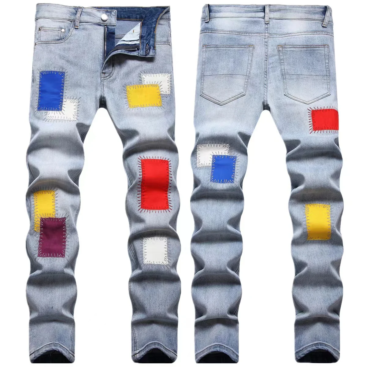 Men\'s Embroidered Jeans Rainbow Square Cloth Pure Cotton Stretch Slim Pants Scraped White Wearable High Street Color Patch 2025