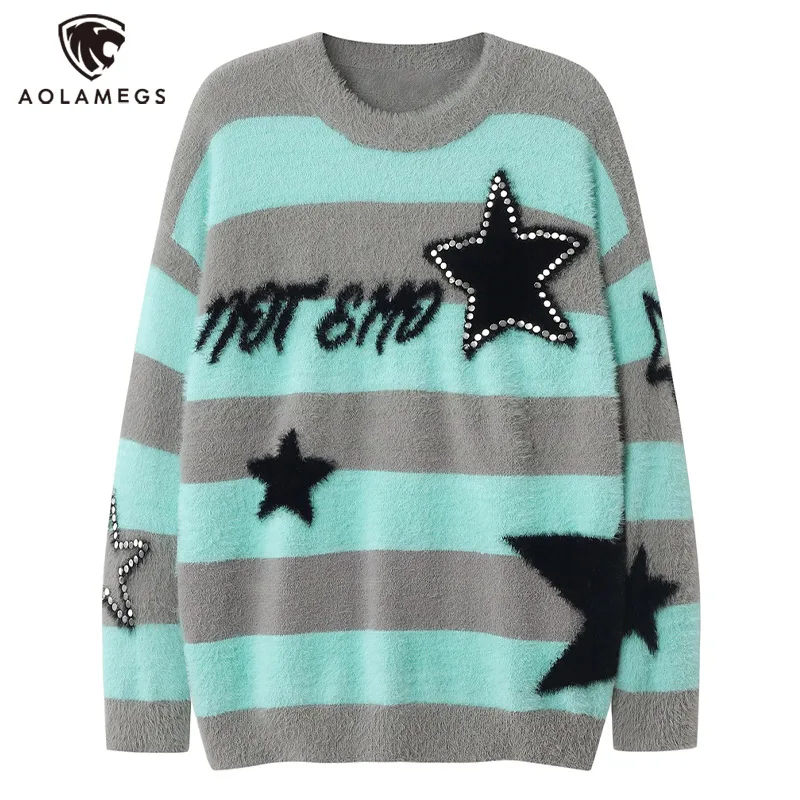 

Aolamegs Y2K Men Sweater Striped Star Graphic Knitted Pullover Oversize Harajuku Retro Casual Jumper Loose Couple Warm Knitwear