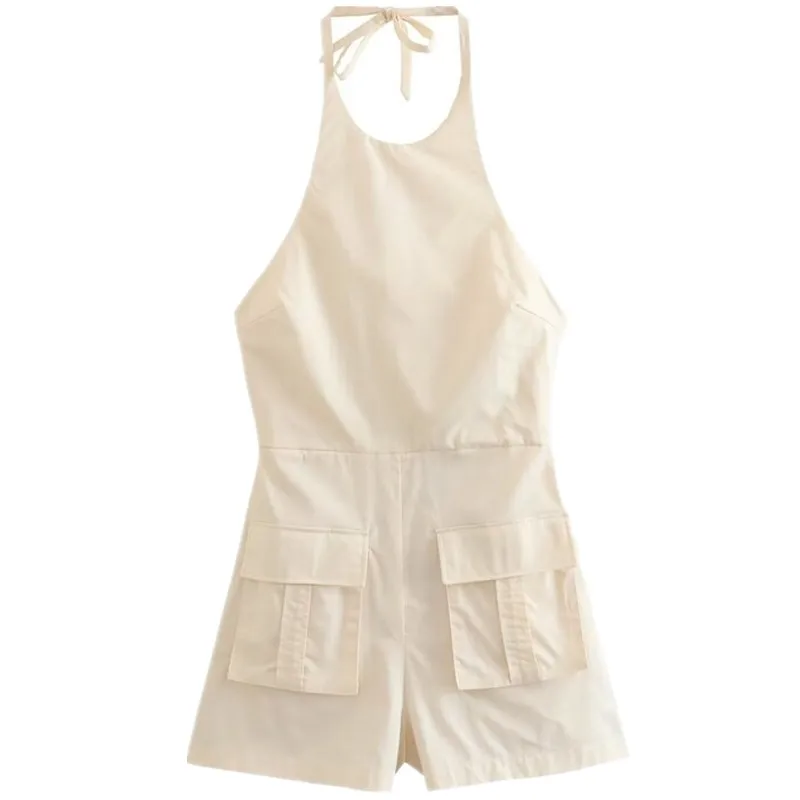 بدلة قطنية عصرية بدون ظهر من القماش وياقة معلقة على الرقبة بذلة عالية الخصر على طراز ملابس نسائية