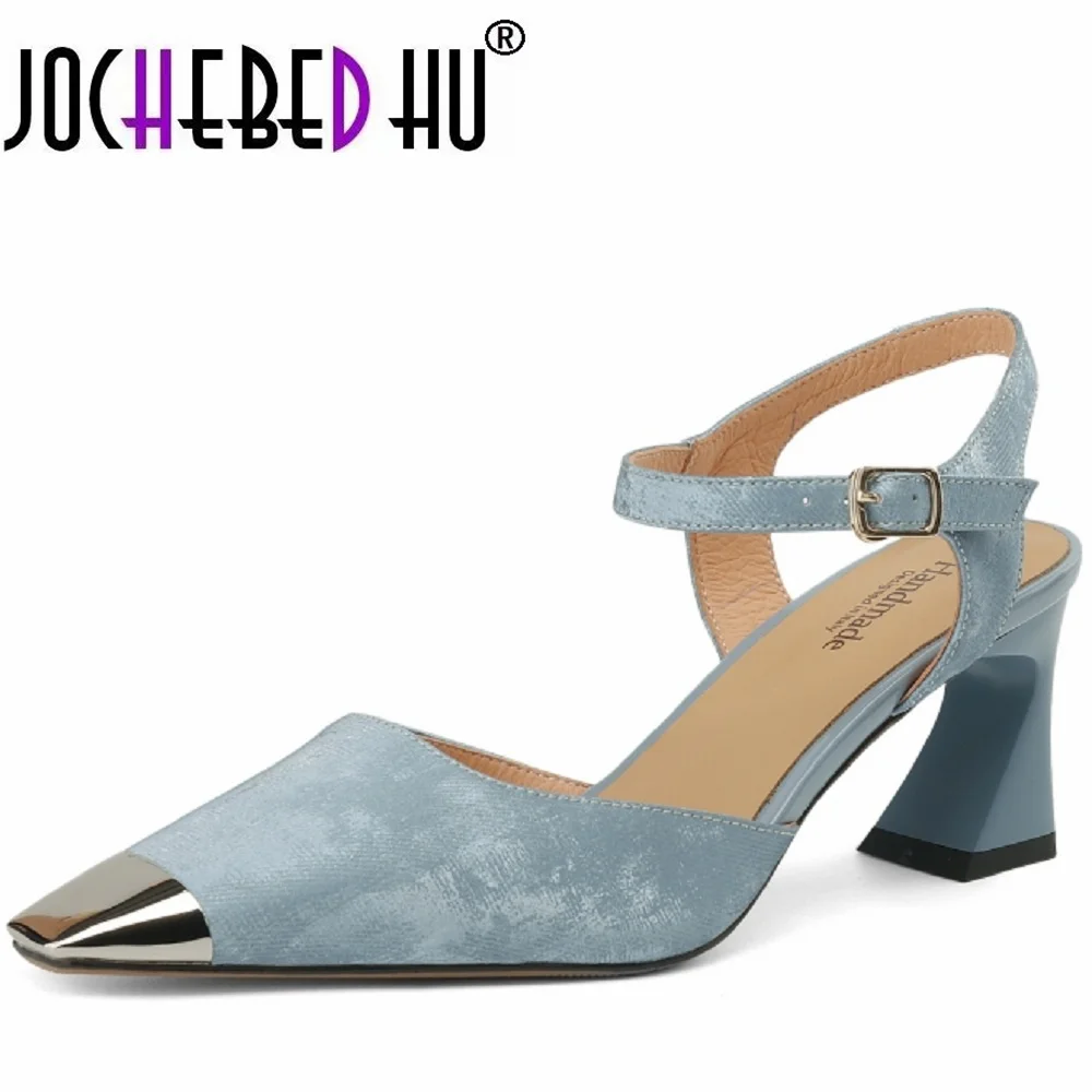 

【JOCHEBED HU】Sexy Square Toe Women Genuine Leather Sandals Thin High Heels Slingback Pumps Fashion Office Party Shoes 34-42