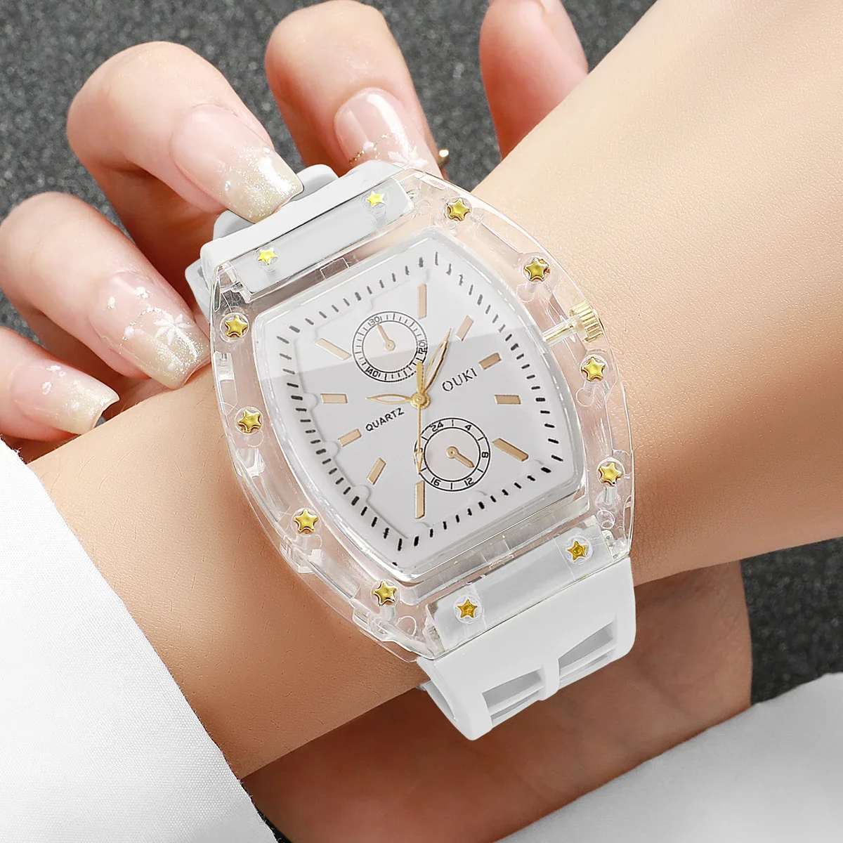 Fashion Tonneau Women Watches Transparent Shell Casual Silicone Strap Sports Quartz Wristwatch Relogio Feminino（Without Box）